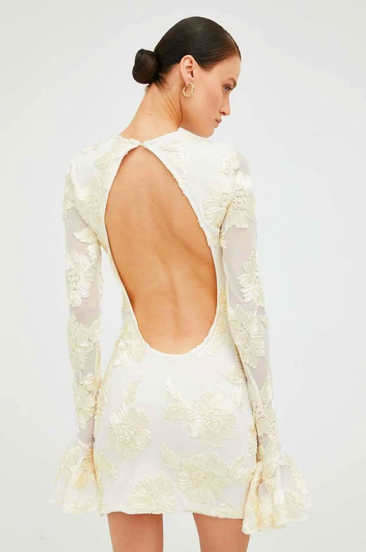3D Floral Appliqué Crew Neck Bell Cuff Long Sleeve Mini Dress