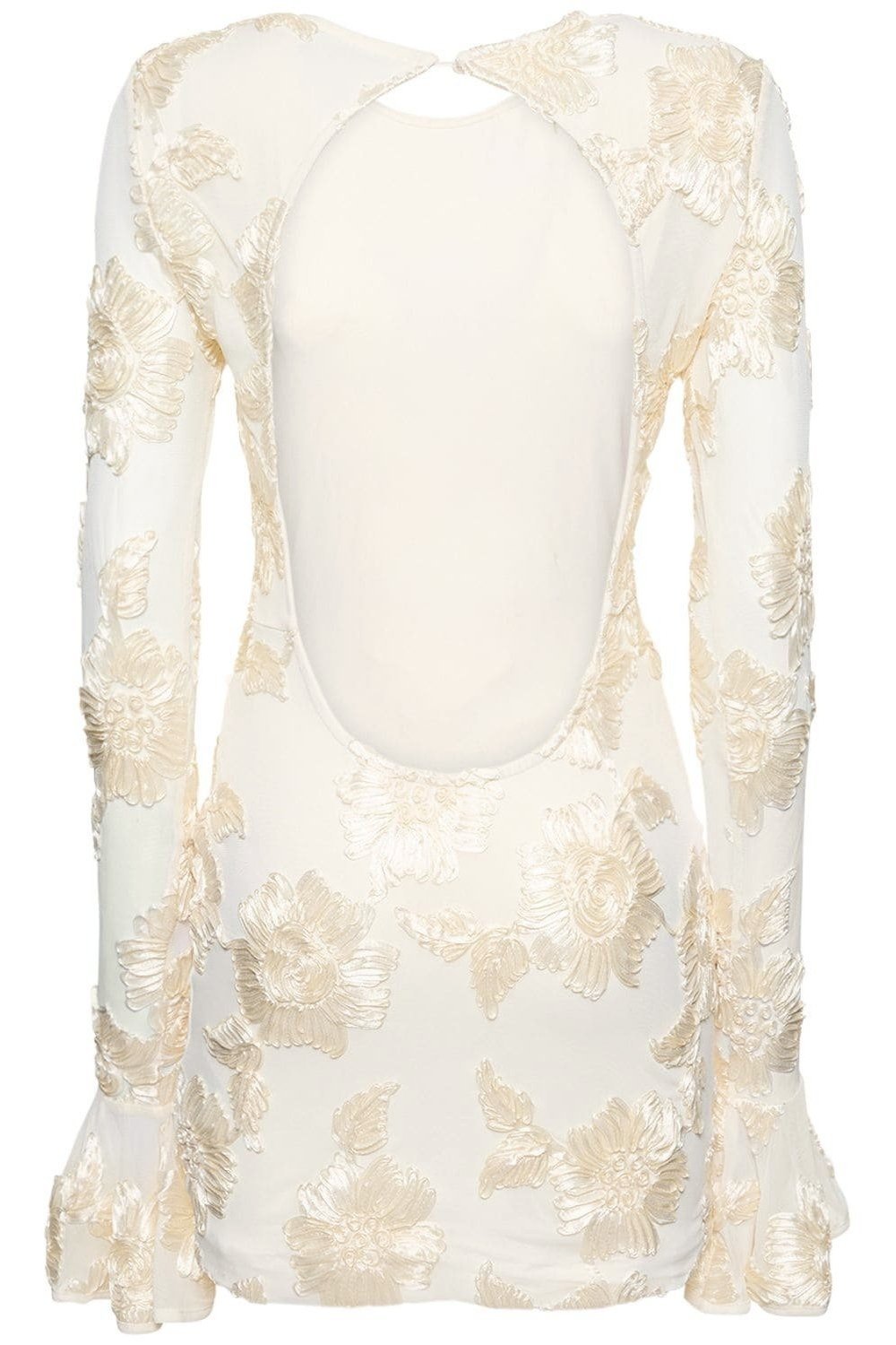 3D Floral Appliqué Crew Neck Bell Cuff Long Sleeve Mini Dress