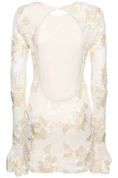 3D Floral Appliqué Crew Neck Bell Cuff Long Sleeve Mini Dress
