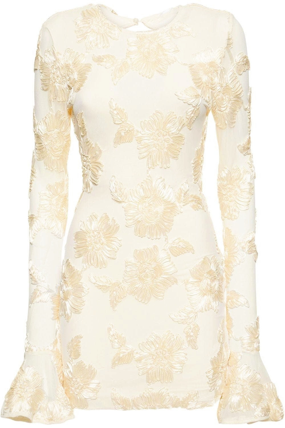 3D Floral Appliqué Crew Neck Bell Cuff Long Sleeve Mini Dress