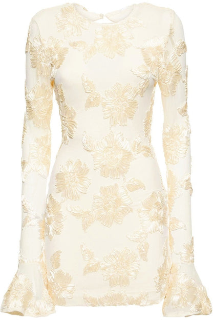 3D Floral Appliqué Crew Neck Bell Cuff Long Sleeve Mini Dress