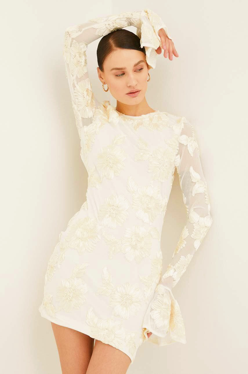 3D Floral Appliqué Crew Neck Bell Cuff Long Sleeve Mini Dress