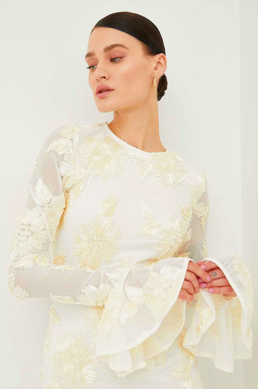 3D Floral Appliqué Crew Neck Bell Cuff Long Sleeve Mini Dress