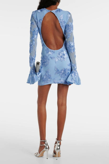 3D Floral Appliqué Crew Neck Bell Cuff Long Sleeve Mini Dress