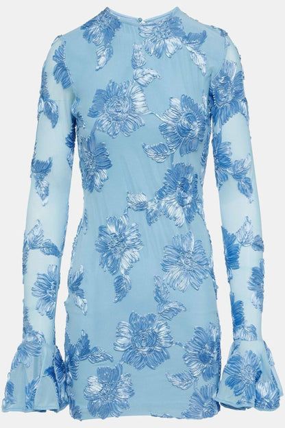 3D Floral Appliqué Crew Neck Bell Cuff Long Sleeve Mini Dress