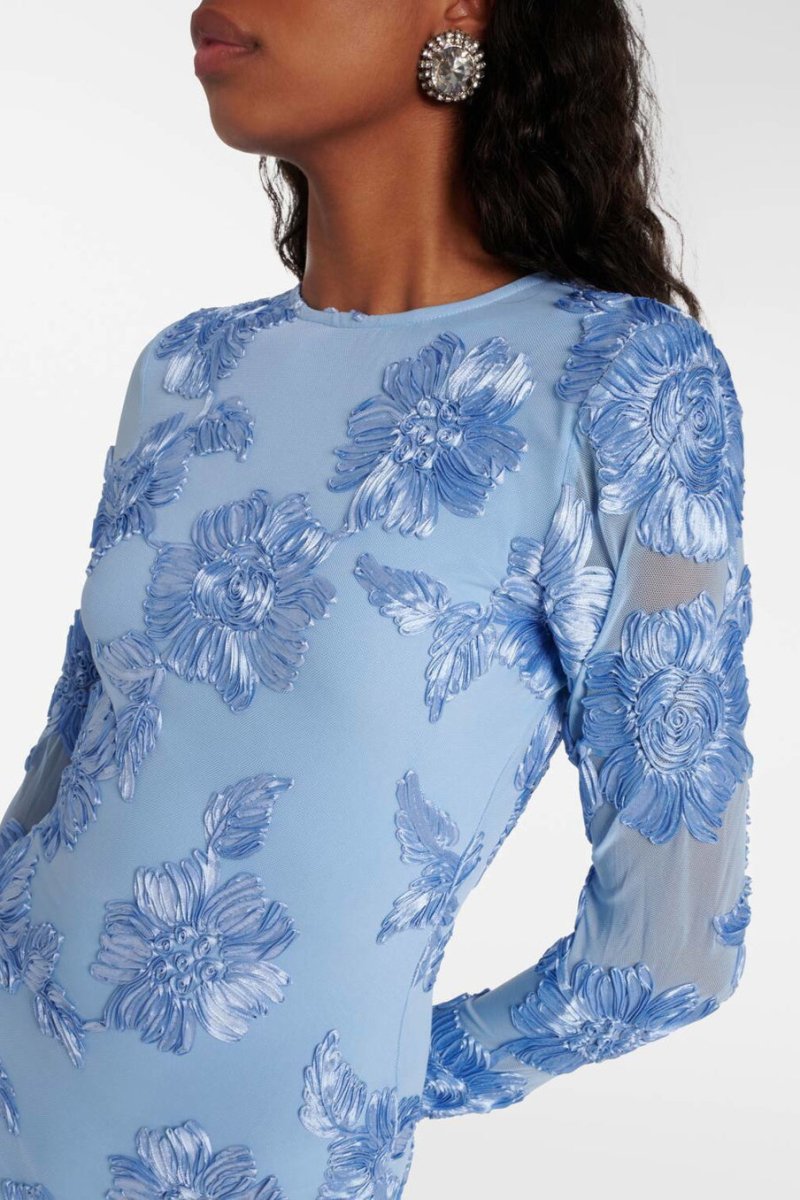 3D Floral Appliqué Crew Neck Bell Cuff Long Sleeve Mini Dress
