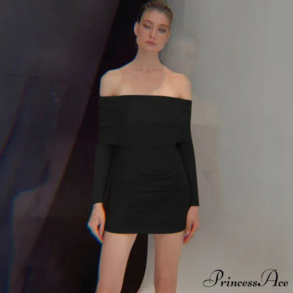 Autumn and Winter New Off Shoulder Knitted Slim Pleated Long Sexy Bodycon Dress