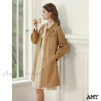 Autumn Khaki England Style Retro Mid-length Turn-down Collar Solid Coat