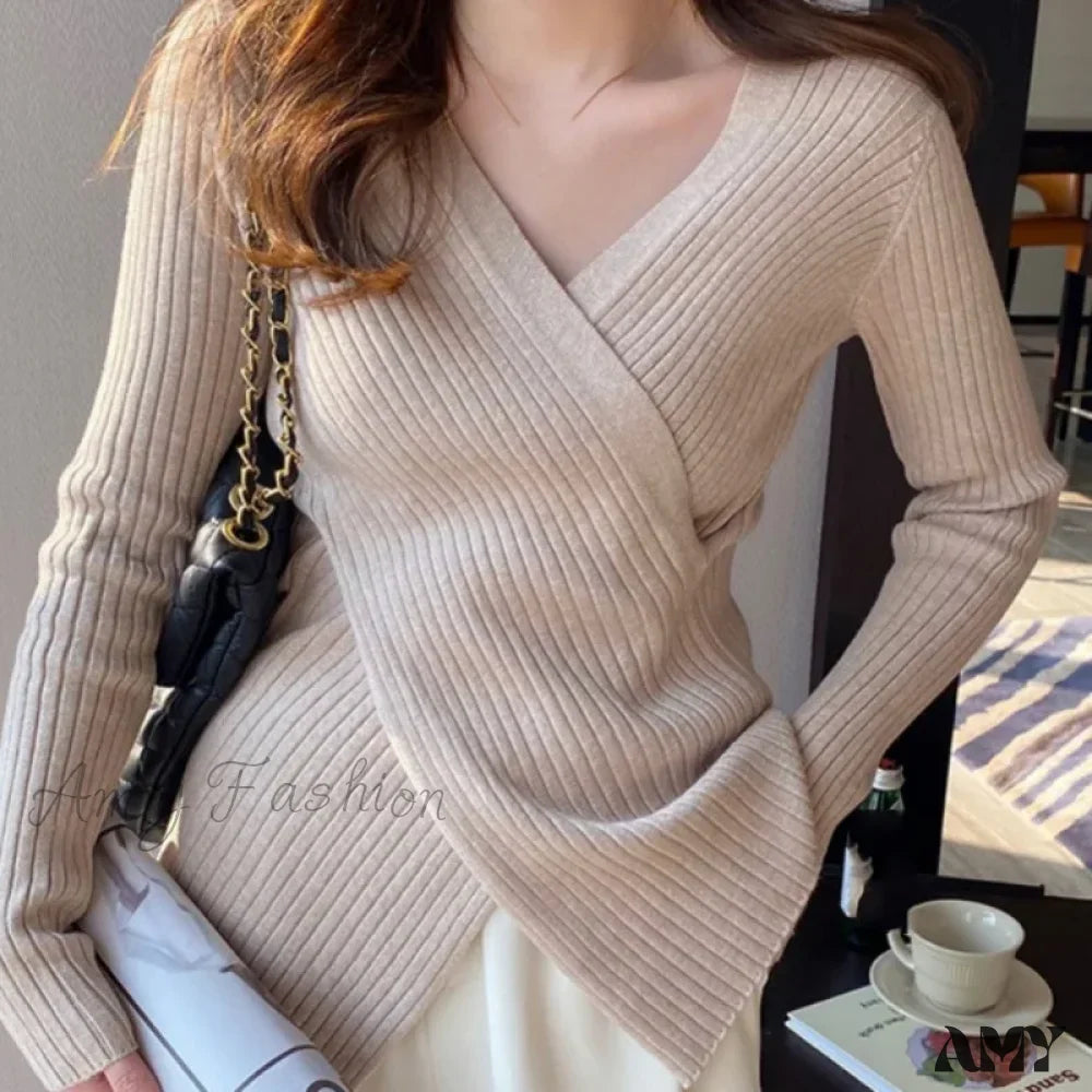 Autumn Knitted Base Solid Color V-Neck Tight Elastic Sexy Sweater