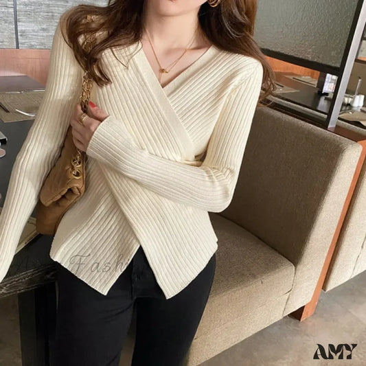 Autumn Knitted Base Solid Color V-Neck Tight Elastic Sexy Sweater