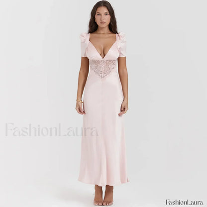 Autumn Long Elegant Pink Maxi V Neck Formal Occasion Puff Sleeve Lace Dress