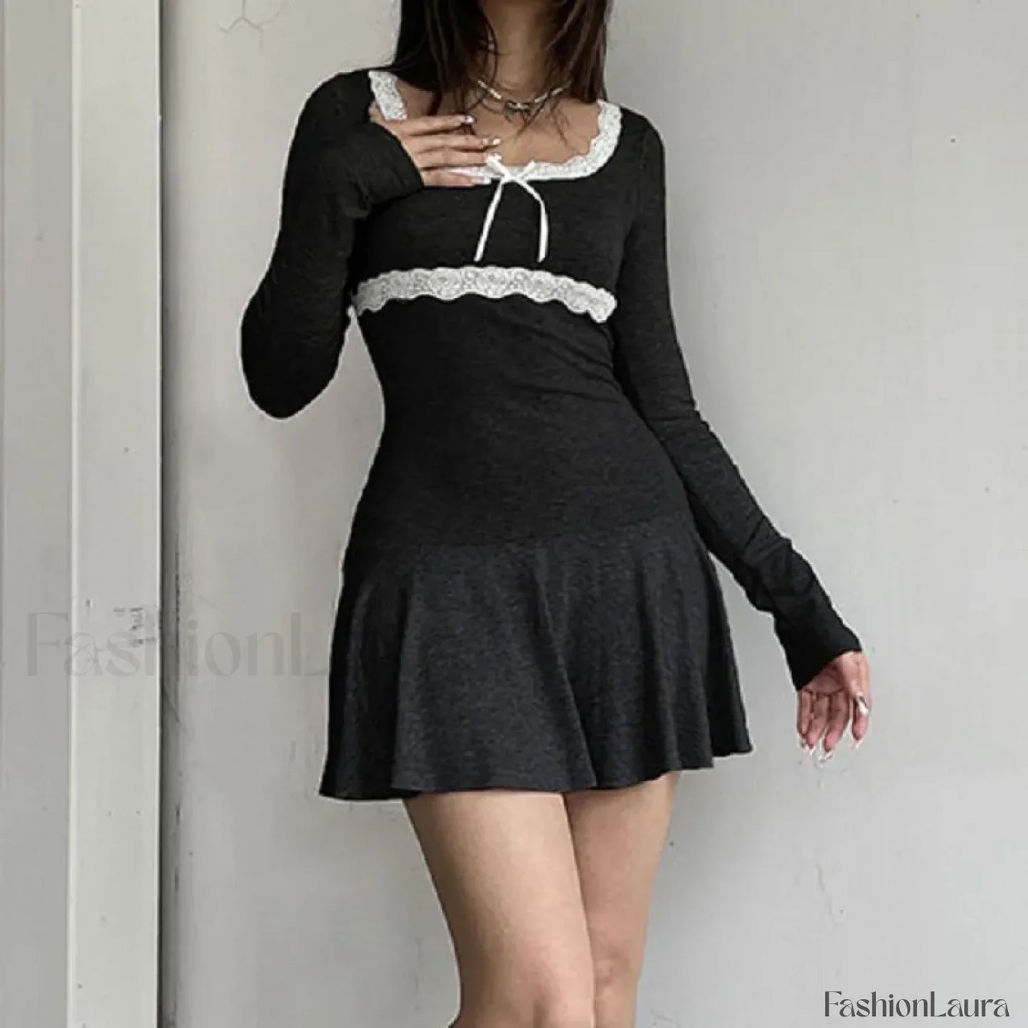 Autumn Sexy Mini Streetwear Black Lace Patchwork Bodycon Club Elegant Party A-Line Dress