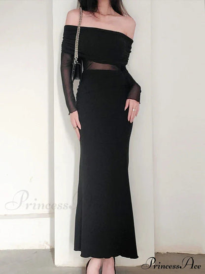 Autumn Sexy Strapless Black Lace Patchwork Long Streetwear Club Long Bodycon Dress