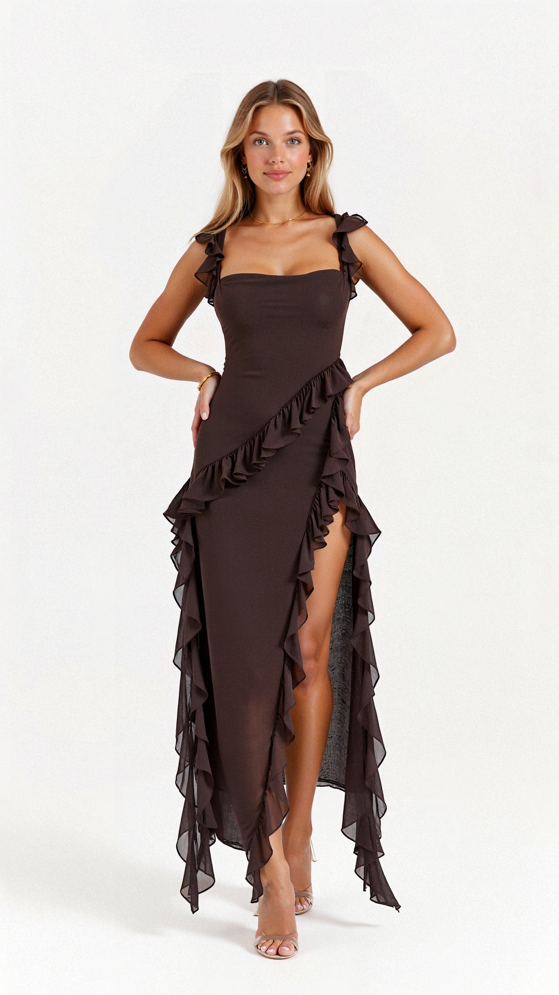 Square Neck Ruffle Strap Wrap Front High Split Ruffle Trim Midi Dress