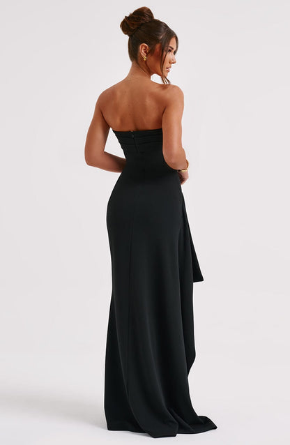 | Strapless Ruched Maxi Dress, High Split