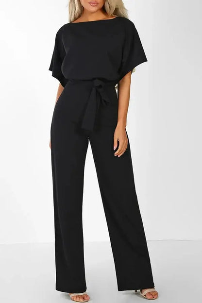 | Wide-Leg Belted Short Sleeve Jumpsuit