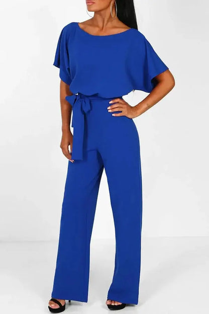 | Wide-Leg Belted Short Sleeve Jumpsuit