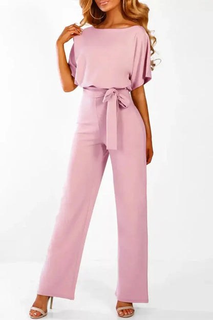 | Wide-Leg Belted Short Sleeve Jumpsuit