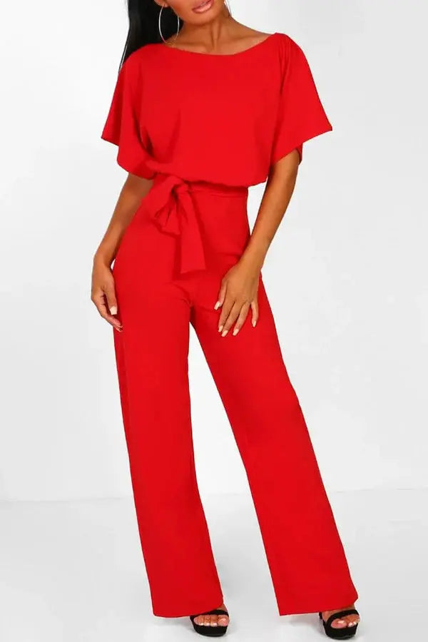 | Wide-Leg Belted Short Sleeve Jumpsuit