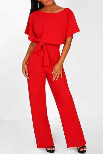 | Wide-Leg Belted Short Sleeve Jumpsuit