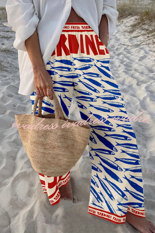 Unique Marine Print Elastic Waist Loose Pocket Pants
