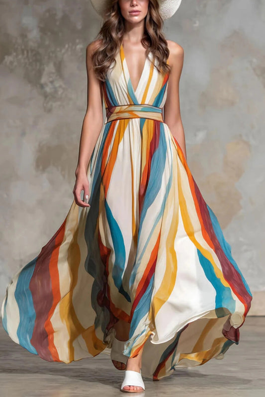 Multi-colored Striped Print V-neck Sleeveless Fitted Waist Vacation Maxi Dress