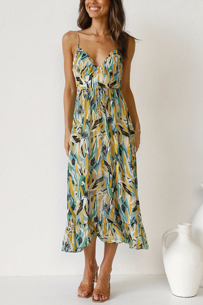 Abstract Brushstroke Print Spaghetti Strap Ruched Cup Tie-Waist Ruffle Hem Midi Dress