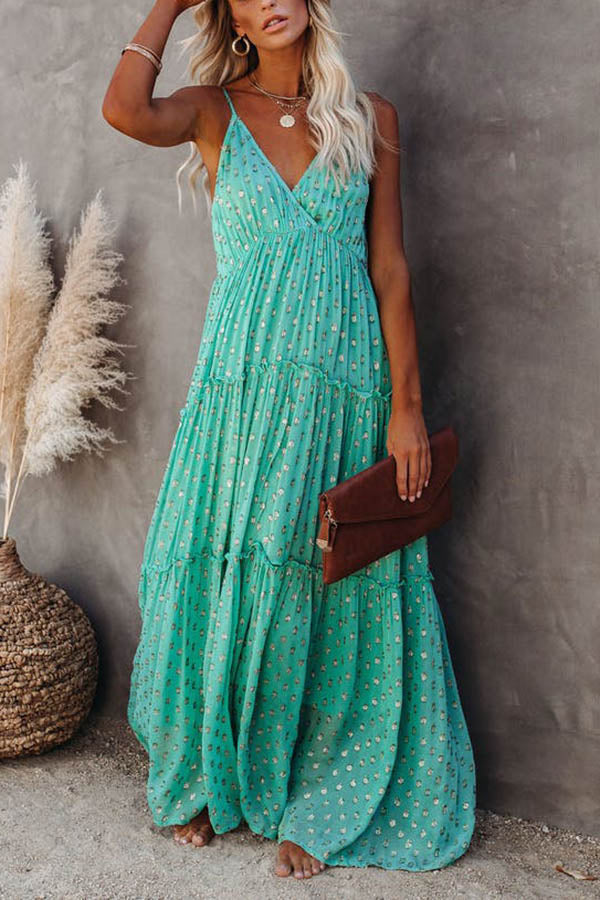 Polka Dot Print V-Neck Spaghetti Strap Tiered Ruffle Trim Maxi Dress