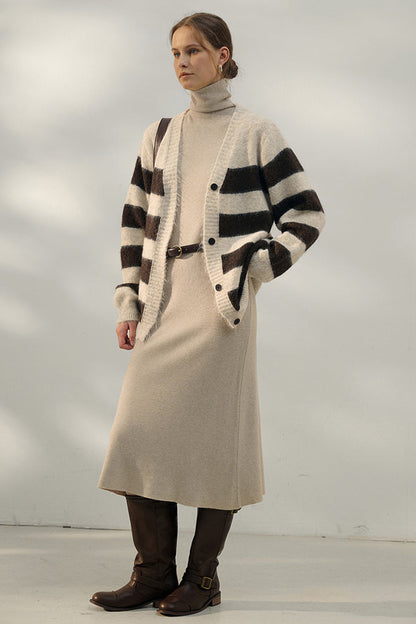 Oversized Stripe Color Block V Neck Knit Cardigan