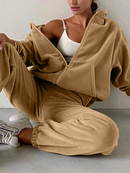 Solid Zip Up Oversized Hoodie & Bound Feet Sweatpants Set