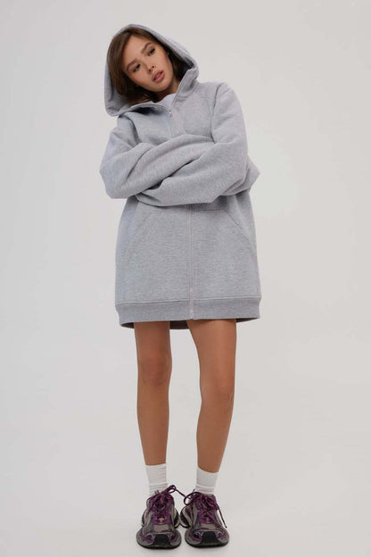 Solid Color Oversize Long - Sleeve Zip - Up Hoodie
