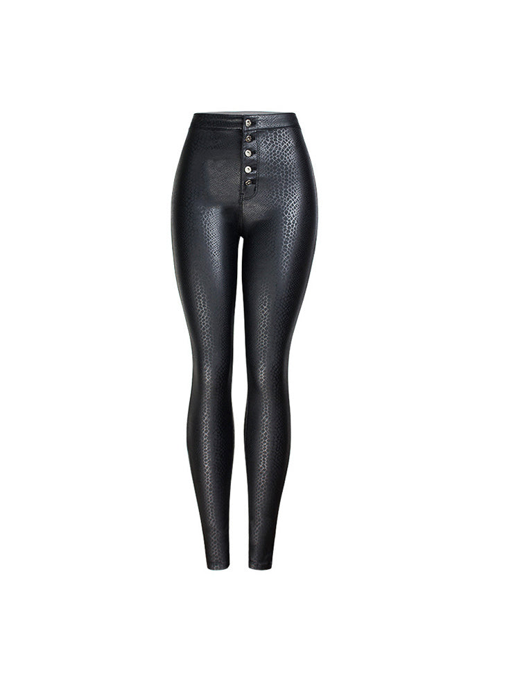 Women Black Leggings PU Leather Like High Waisted Button Skinny Leggings