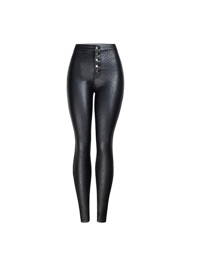 Women Black Leggings PU Leather Like High Waisted Button Skinny Leggings