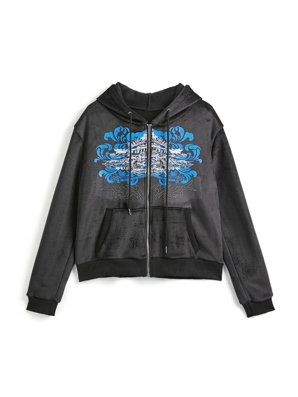 Grunge Rhinestone Print Zip Up Hoodie