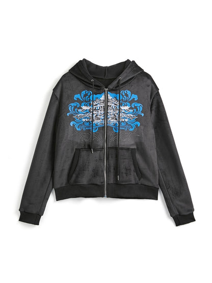Grunge Rhinestone Print Zip Up Hoodie