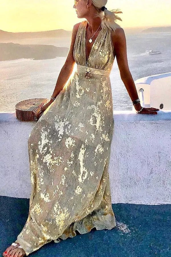 Distressed Metallic Foil Print Deep V-Neck Empire Waist Sleeveless Maxi Dress