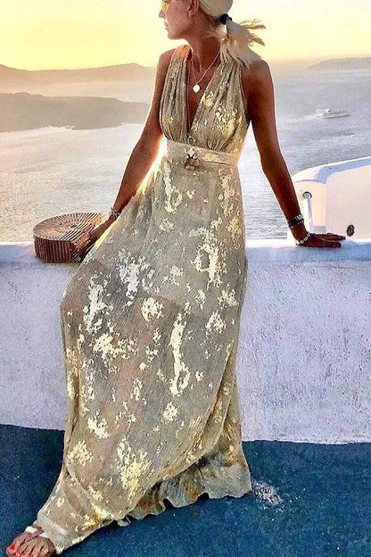Distressed Metallic Foil Print Deep V-Neck Empire Waist Sleeveless Maxi Dress
