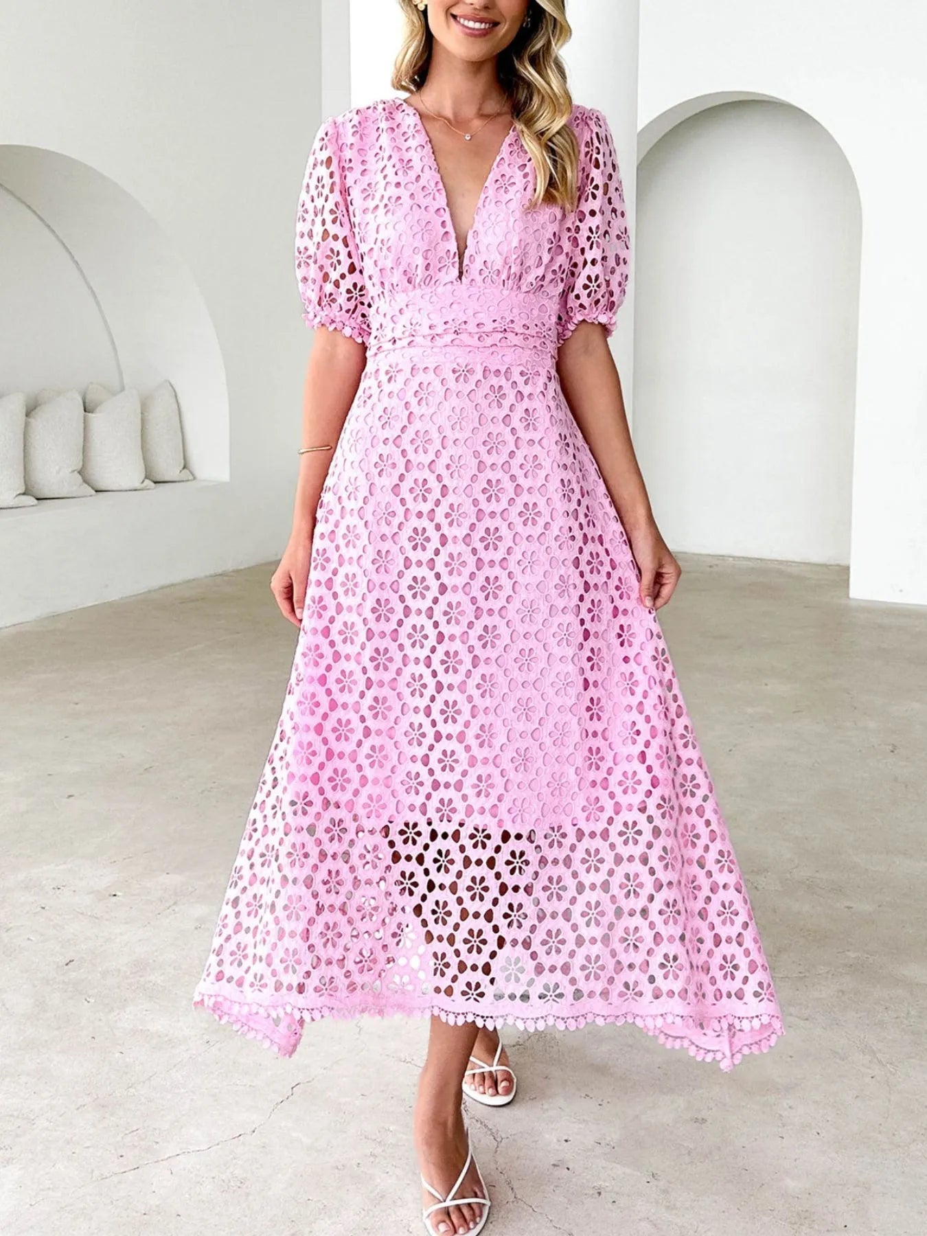 Floral Eyelet Lace V-Neck Puff Sleeve Fitted Waist Scalloped Hem Midi Dress