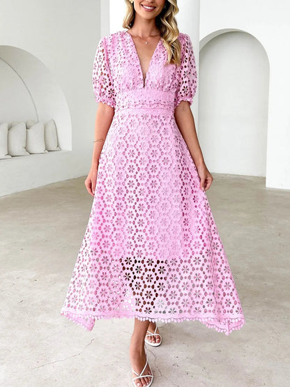 Floral Eyelet Lace V-Neck Puff Sleeve Fitted Waist Scalloped Hem Midi Dress