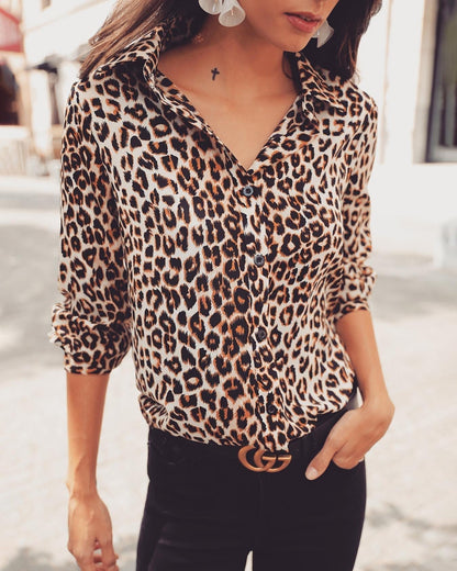 Women's Leopard Print Button-Up Blouse – Long Sleeve Stylish Top