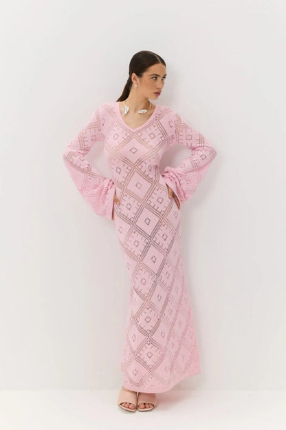 | Knit Argyle Jacquard Long Sleeve Maxi Dress