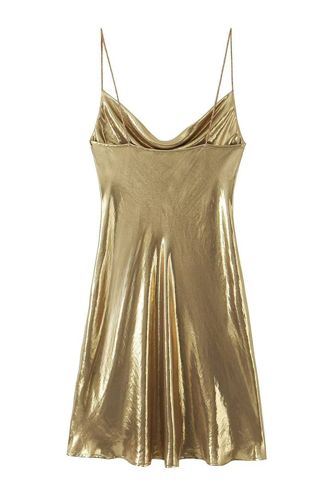 Cowl Neck Spaghetti Strap Metallic Satin Slip Mini Dress
