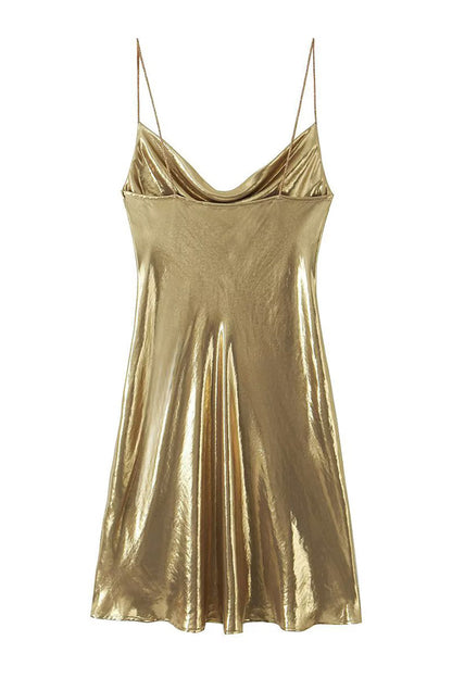 Cowl Neck Spaghetti Strap Metallic Satin Slip Mini Dress