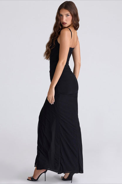 | Slim Spaghetti Strap Ruched Slit Maxi Dress