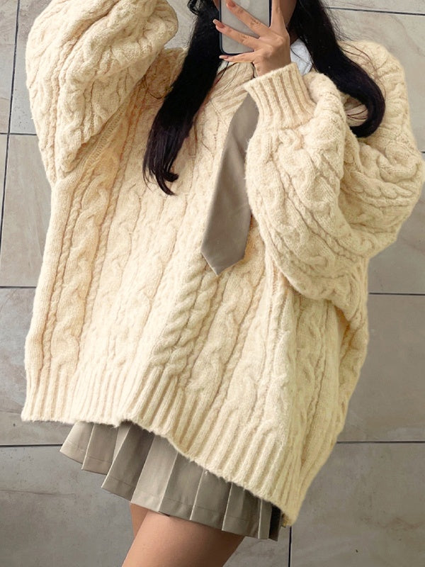 Twist Design V Neck Loose Sweater