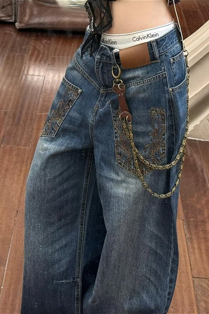 Edgy Deconstructed Embroidered Wide Leg Jeans
