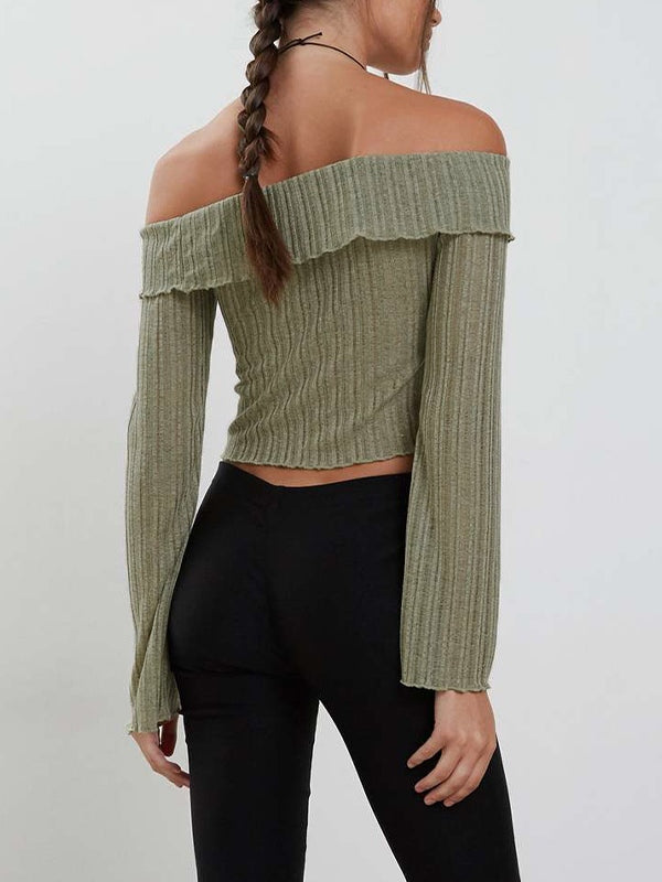 Solid Color Off Shoulder Front Slit Long Sleeve Knit