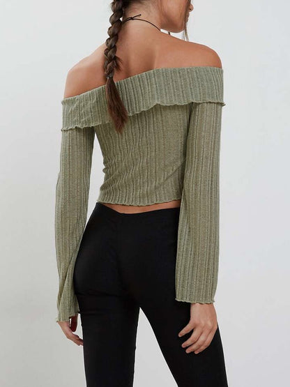 Solid Color Off Shoulder Front Slit Long Sleeve Knit