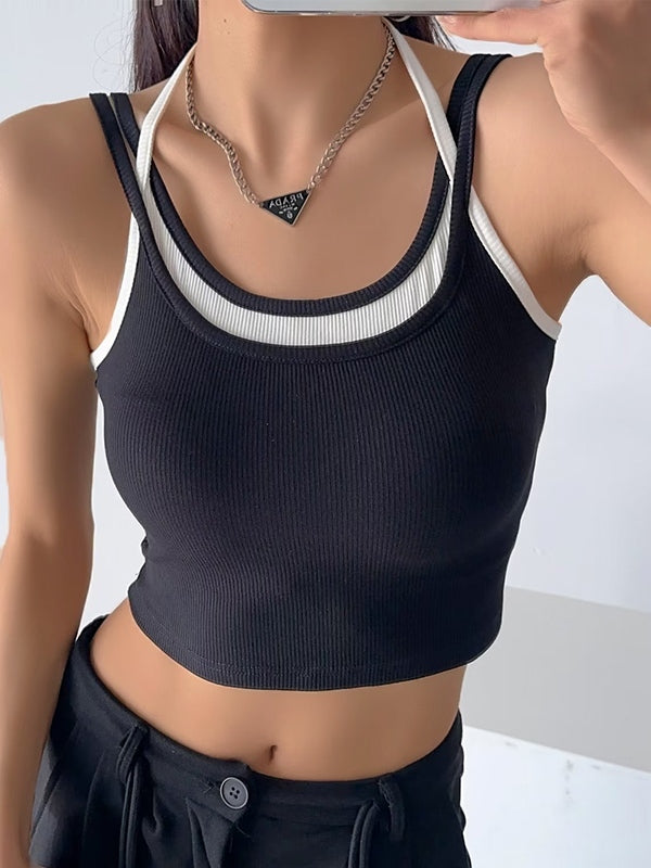 Contrast Color Fake Two Piece Cami Top