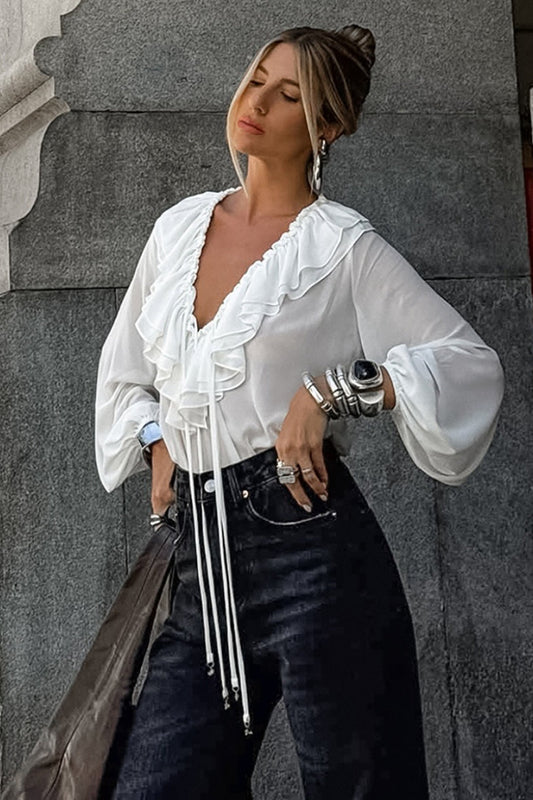 Minimalist V Neck Ruffle Blouse